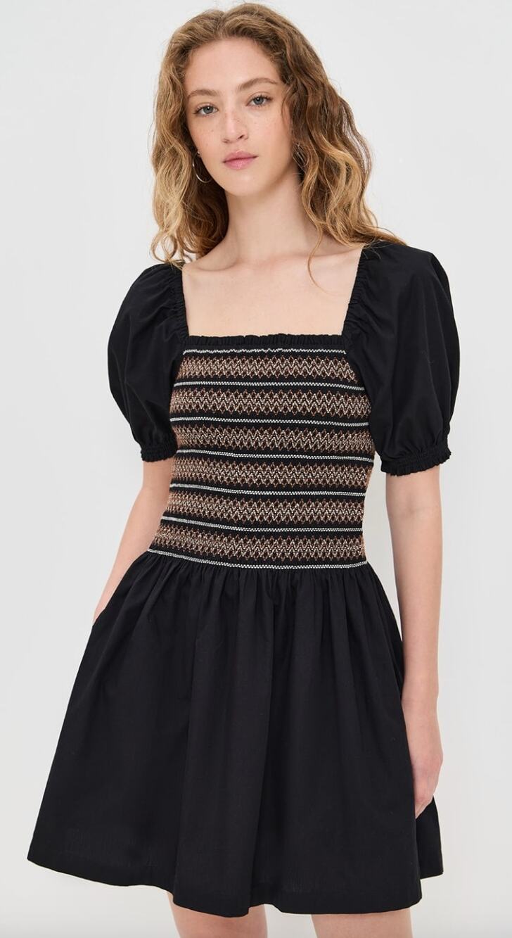 Madewell Poplin Puff Sleeve Mini Dress Jet Black Cotton Smocked Small NWT